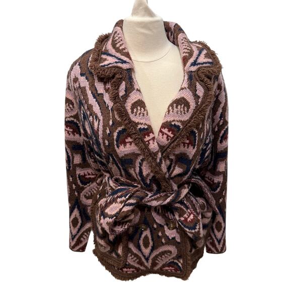 Farm Rio Ikat Pineapple Knit Blazer Cardigan Wool Blend Belt Pink Brown Sml Boho - Picture 4 of 16